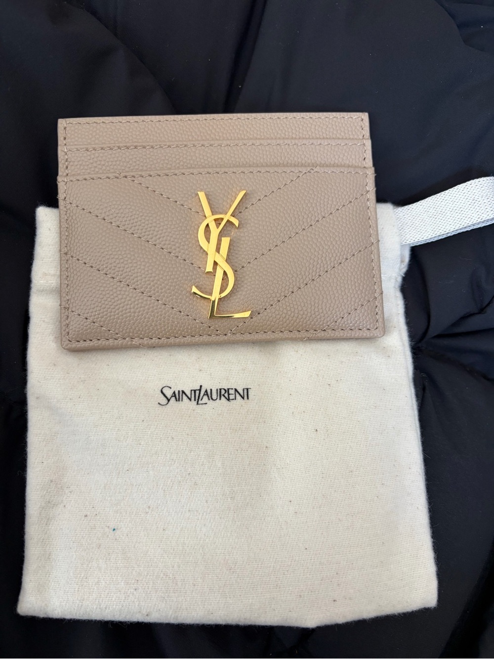 Yves Saint Laurent Taupe Quilted Leather Card Holder with Gold YSL Logo